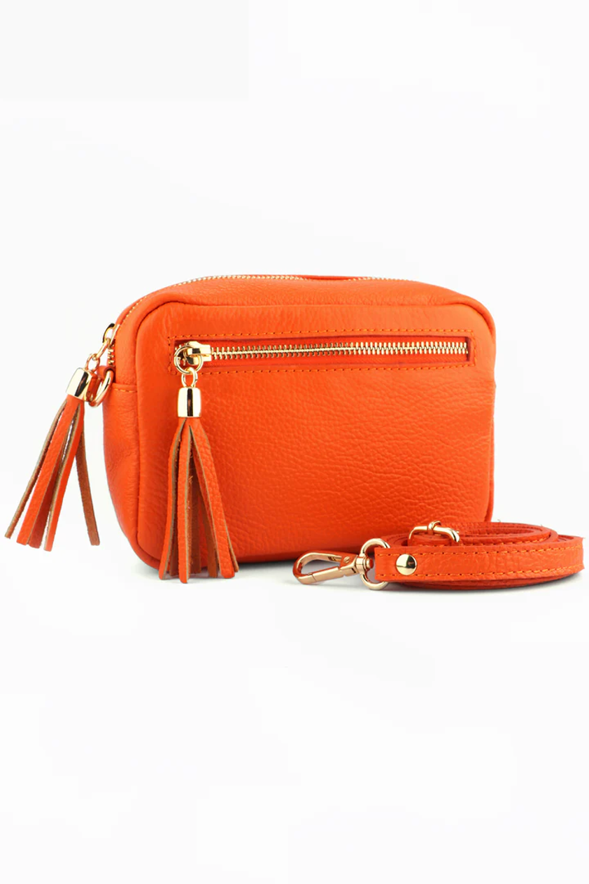 Orange Small Italian Leather Crossbody Camera Bag with Front Zip Pocket