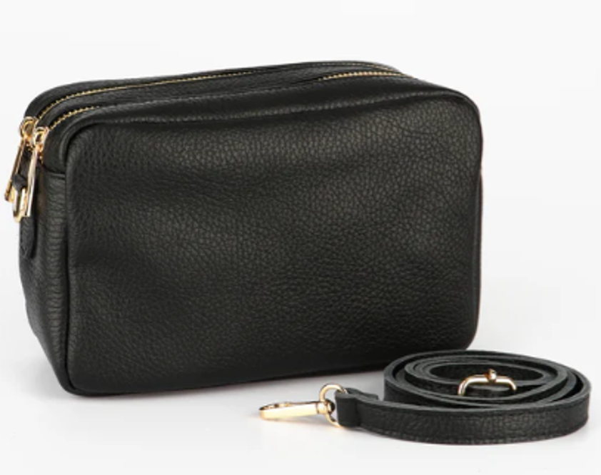 Italian Leather Double Section Crossbody Camera Bag in Black