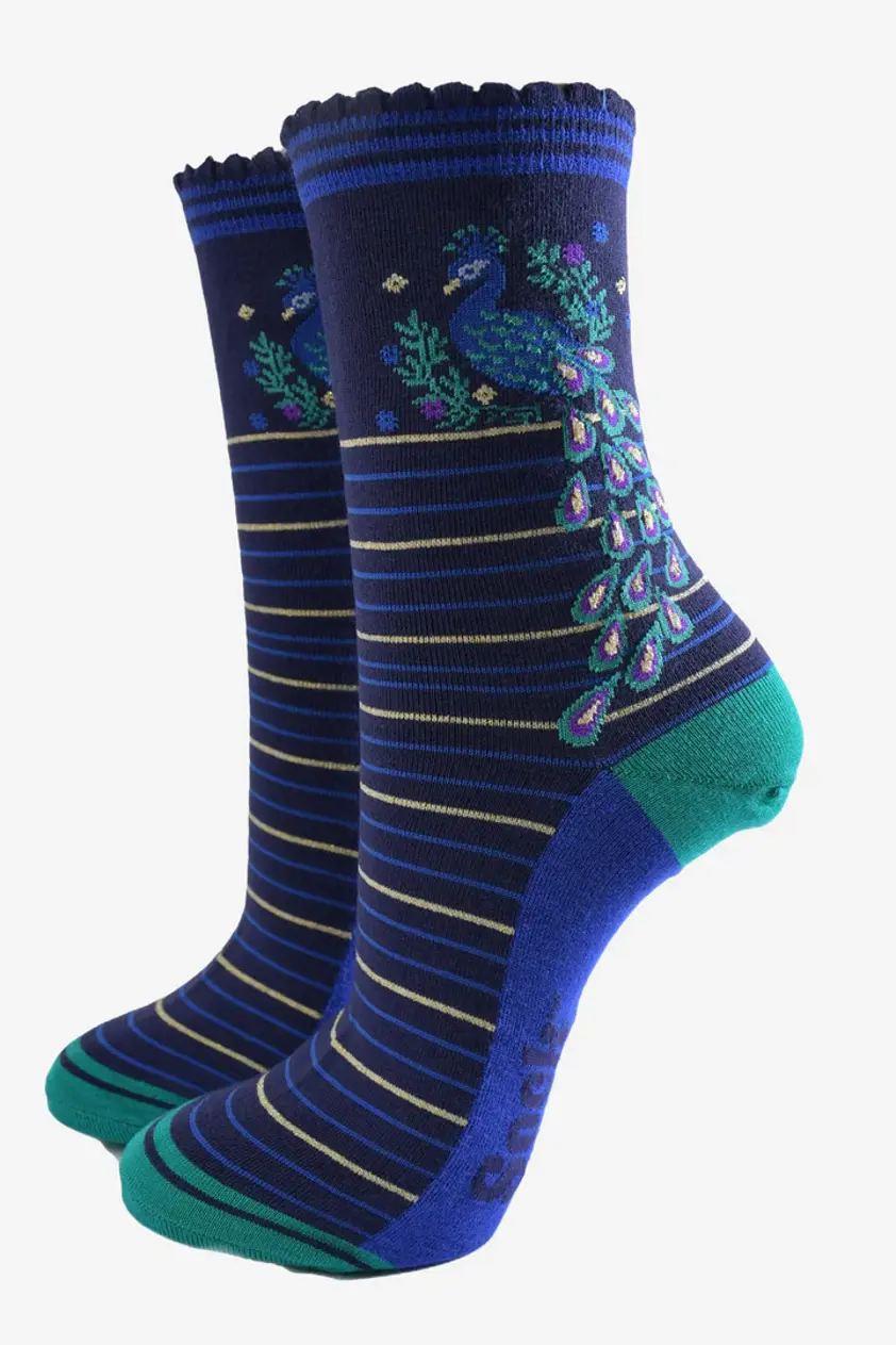 Women's Bamboo Socks Navy Blue Peacock Feather