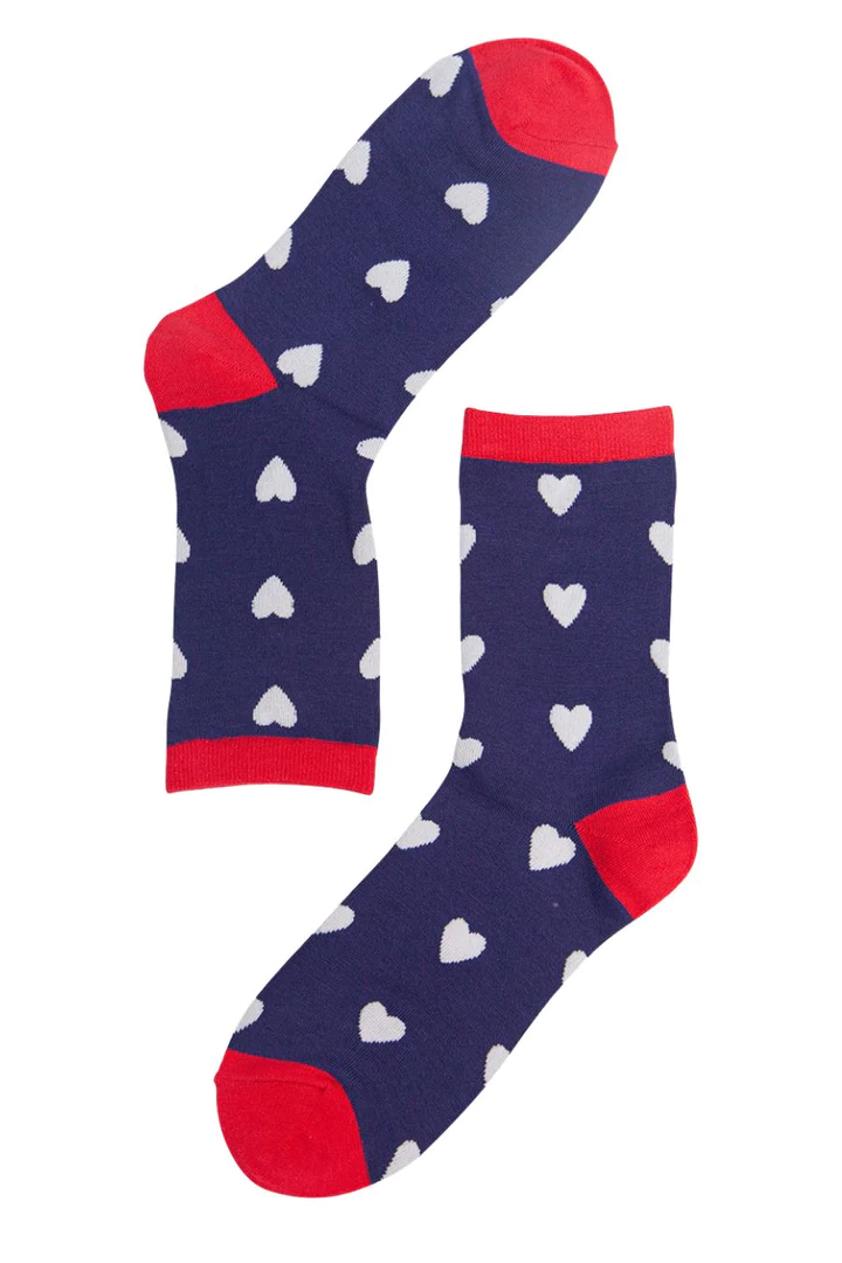 Navy Blue Red Women's Heart Print Bamboo Socks