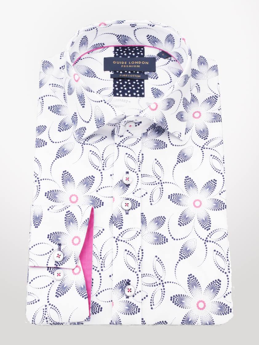 White Geometric Floral Print Slim Fit Shirt
