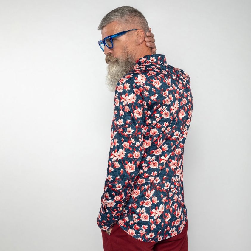 Navy Magnolia Blooms Red Floral Print Shirt