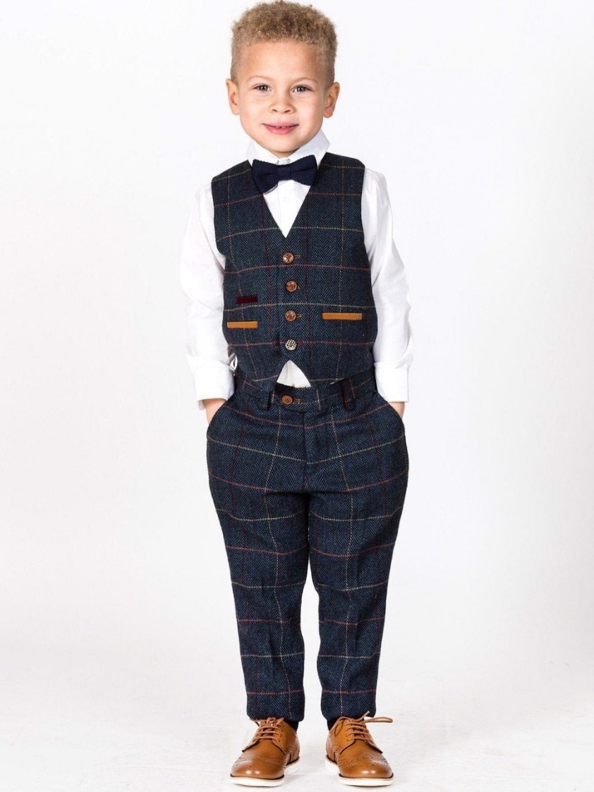 Blue Eton Navy Blue Check Tweed Kids Suit