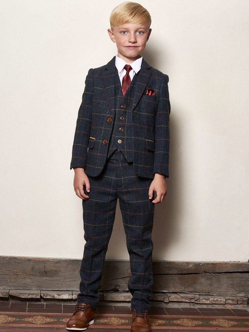 Blue Eton Navy Blue Check Tweed Kids Suit