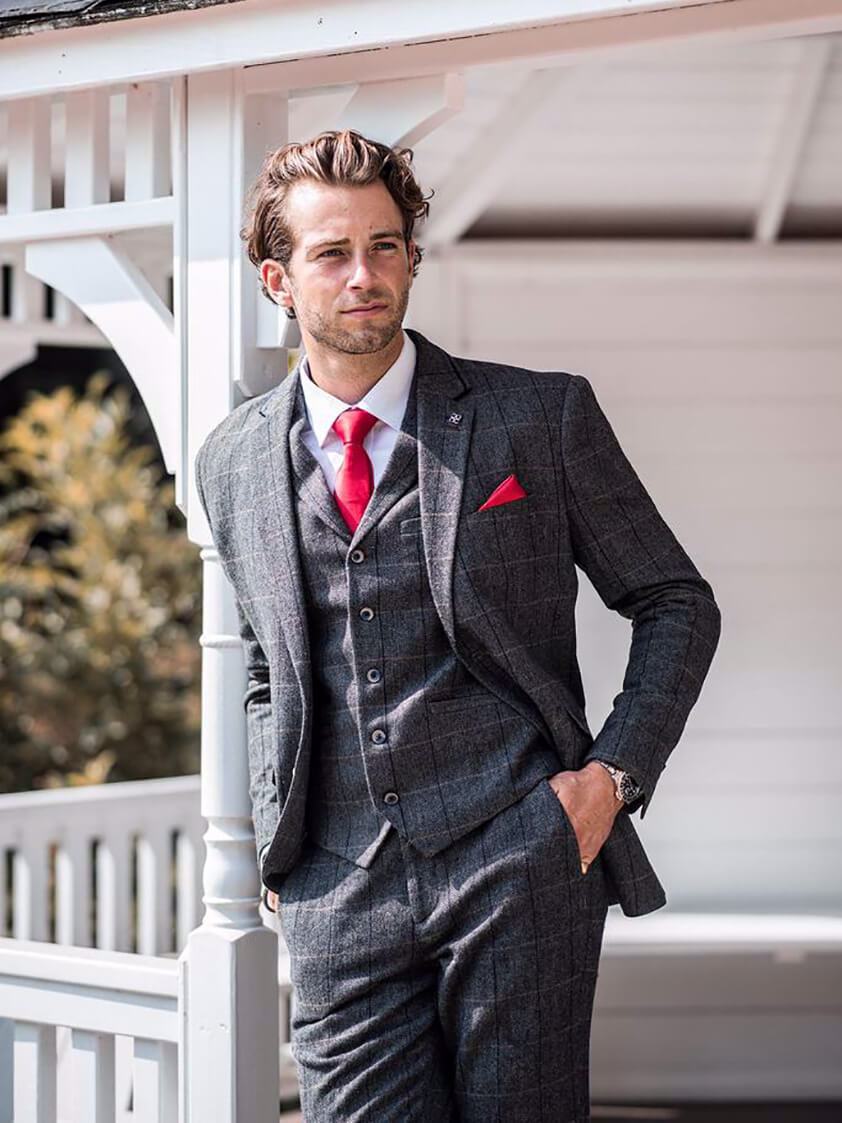 grey tweed blazer and waistcoat