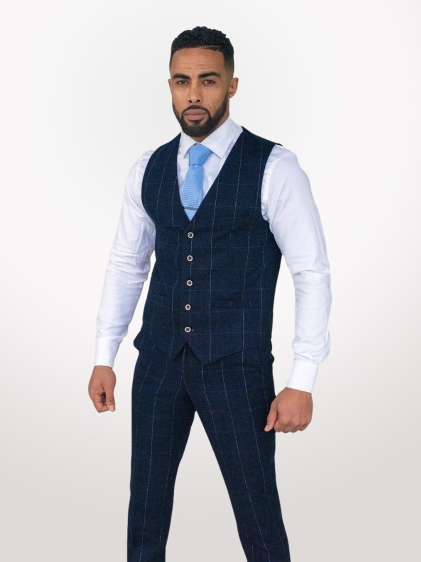 Navy Angels Single Breasted Check Tweed Waistcoat