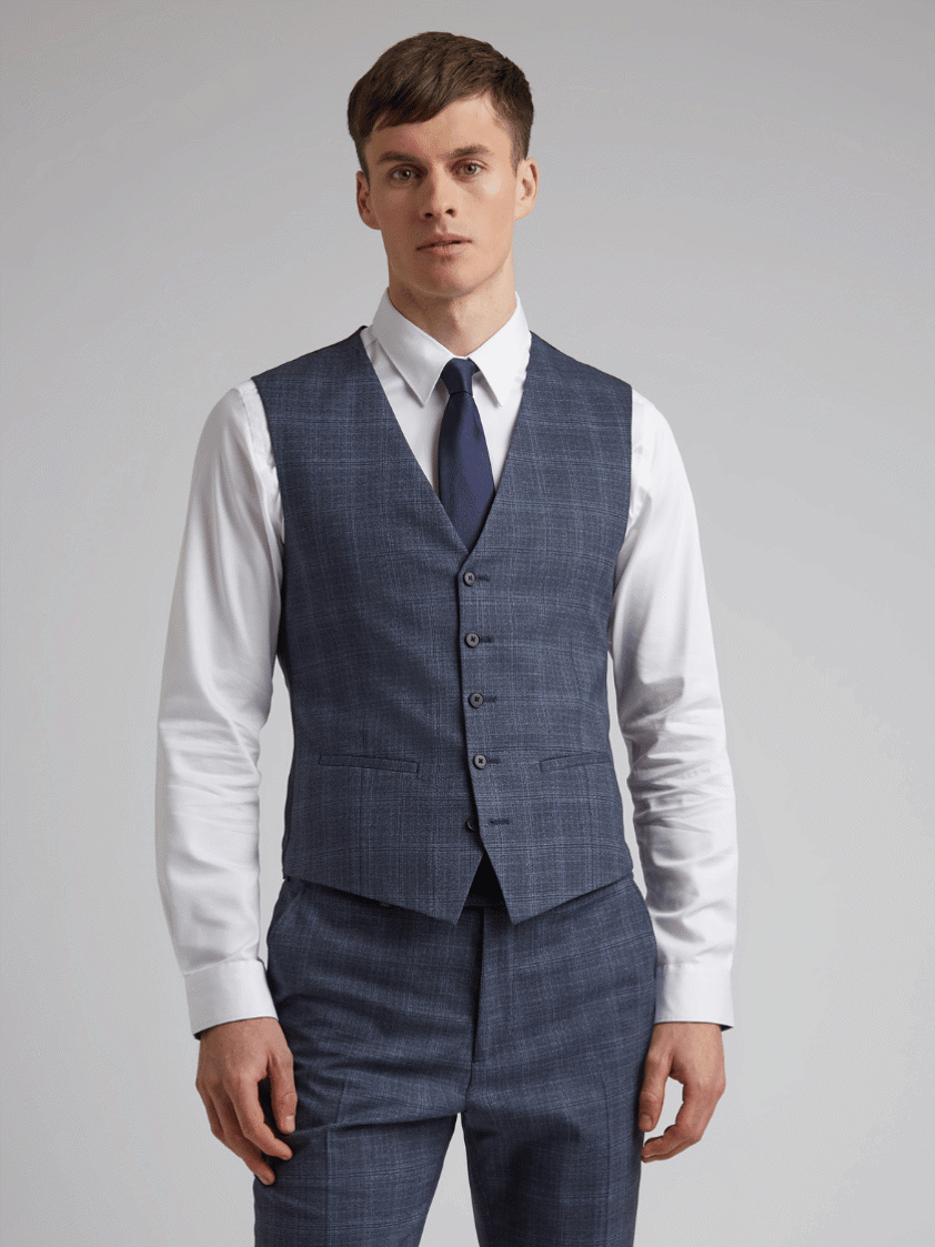 Blue Airforce Check Single Breasted Waistcoat