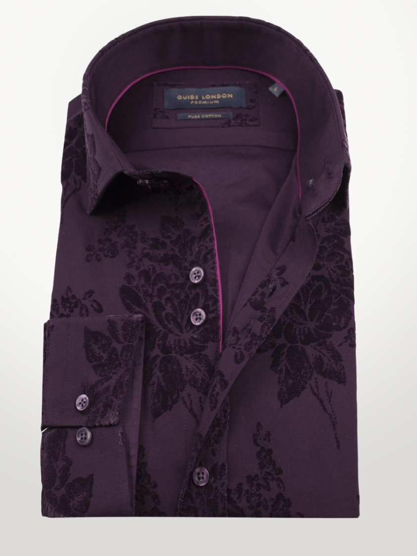 Burgundy Floral Flock Slim Fit Shirt - Save 40%