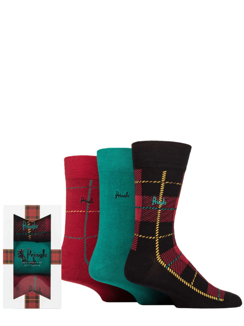 Multi-colour Tartan Ribbon Cotton Socks Gift Boxed 3Pack