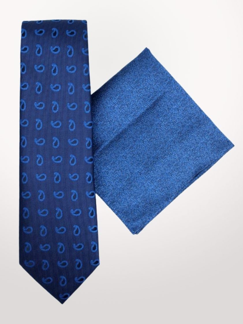 Blue Soft Paisley Print Tie and Hank Set