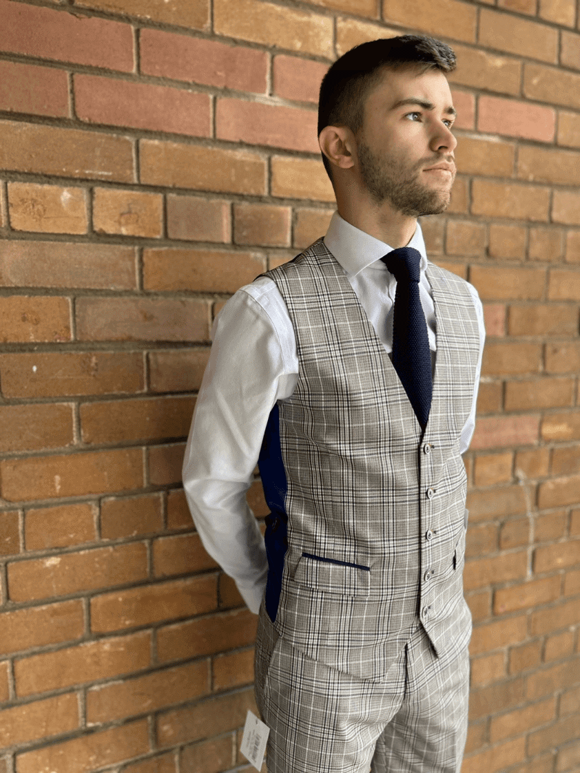 Stone/Navy Niall Check Waistcoat