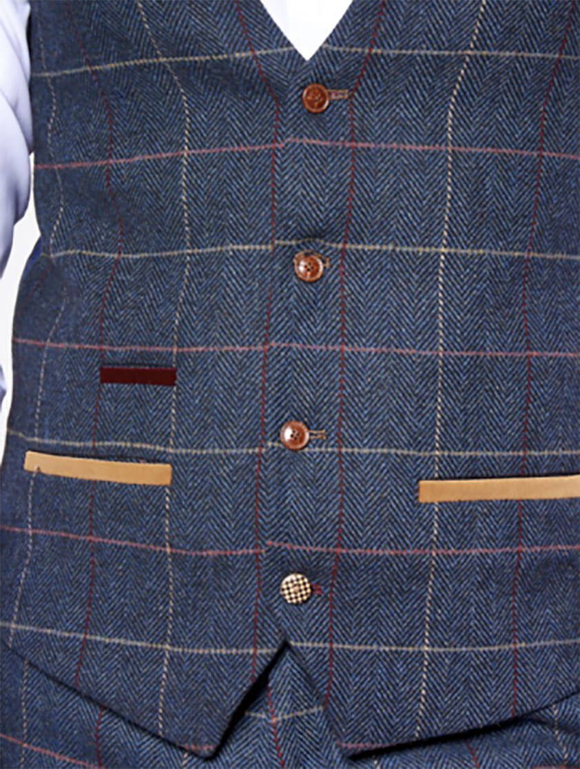 Blue Eton Blue Single Breasted Check Tweed Waistcoat