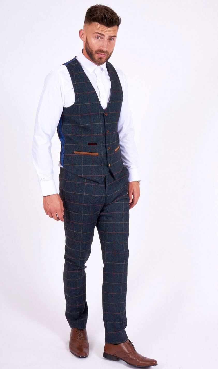 Blue Eton Blue Single Breasted Check Tweed Waistcoat