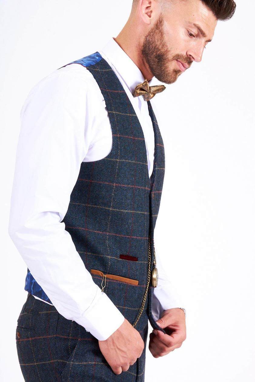 Blue Eton Blue Single Breasted Check Tweed Waistcoat