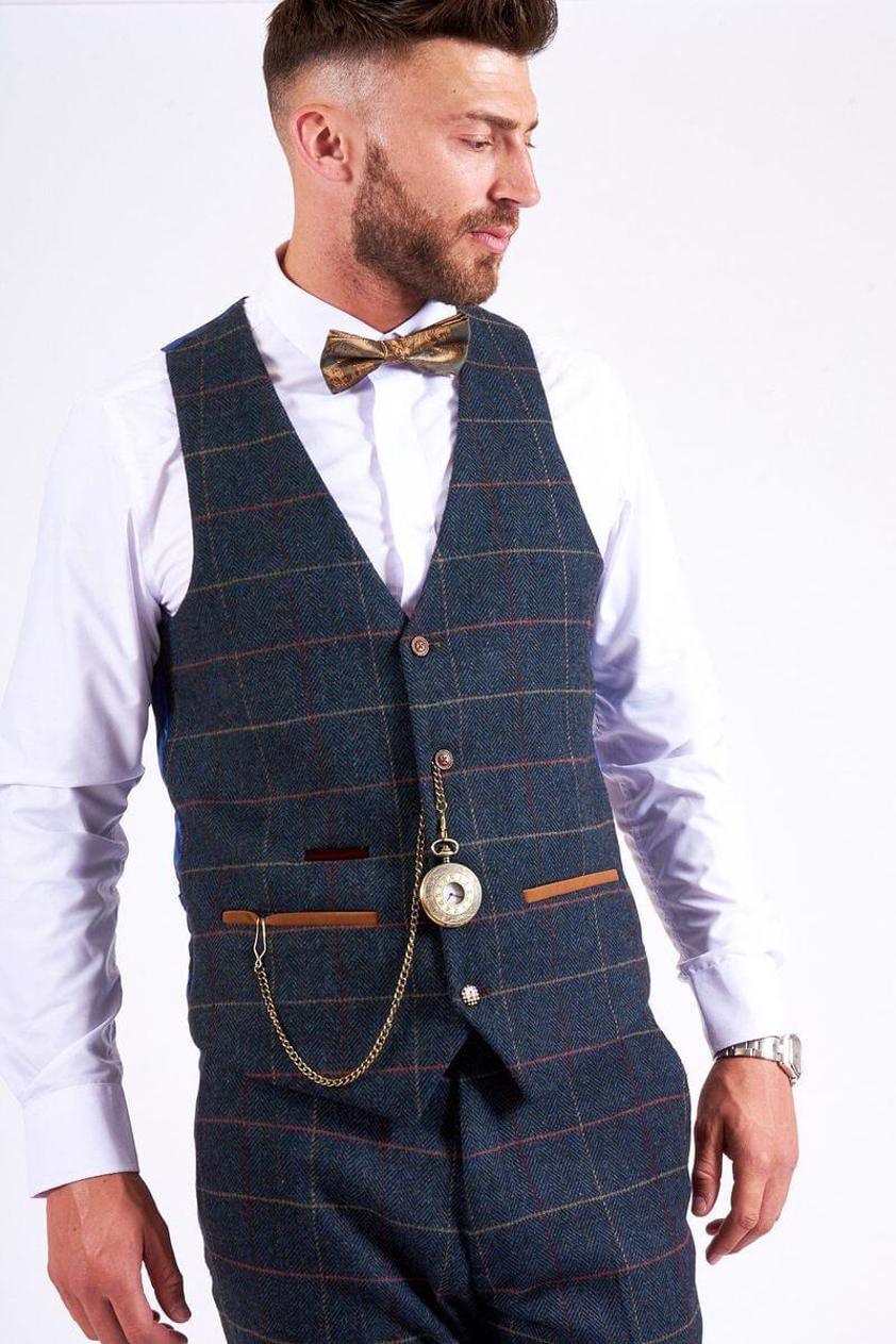 Blue Eton Blue Single Breasted Check Tweed Waistcoat