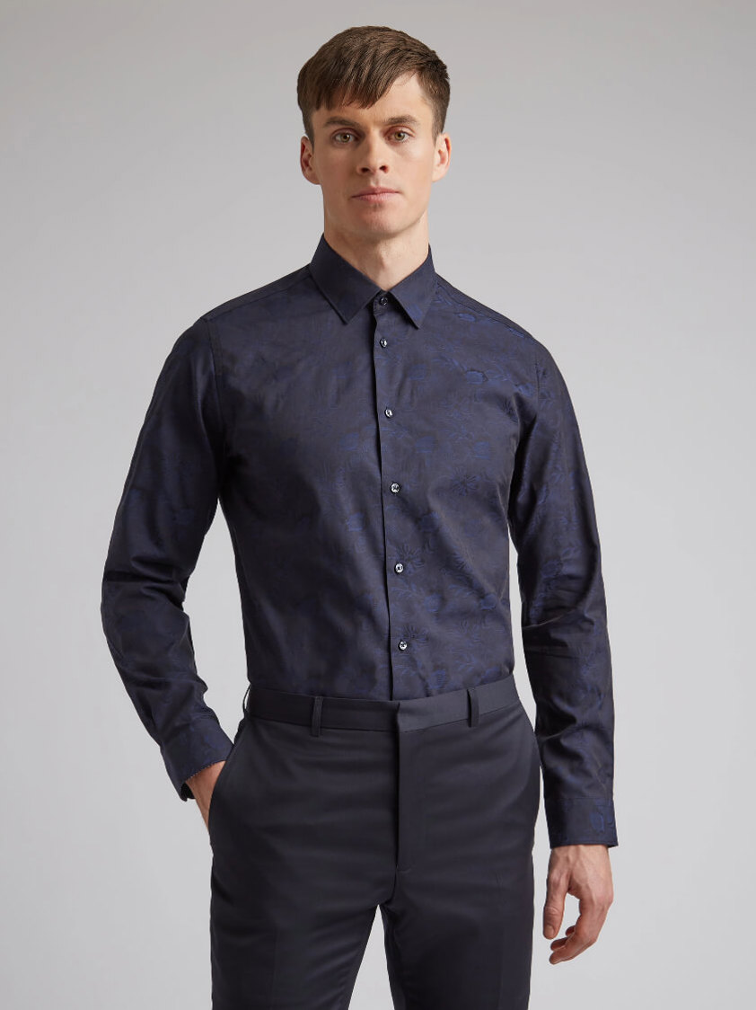 Navy Floral Print Slim Fit Shirt 100% Cotton
