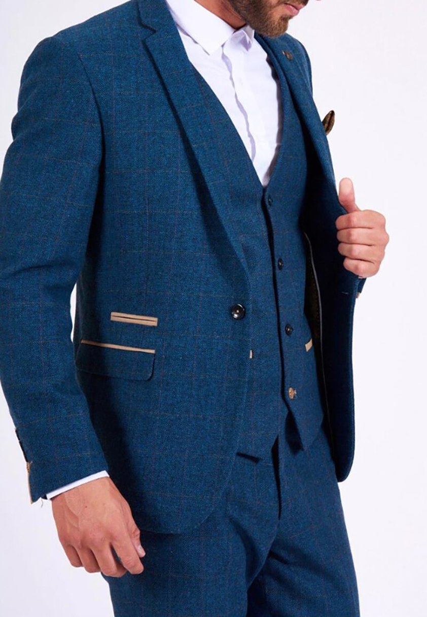 Blue Dion Tweed Check Single Breasted Waistcoat