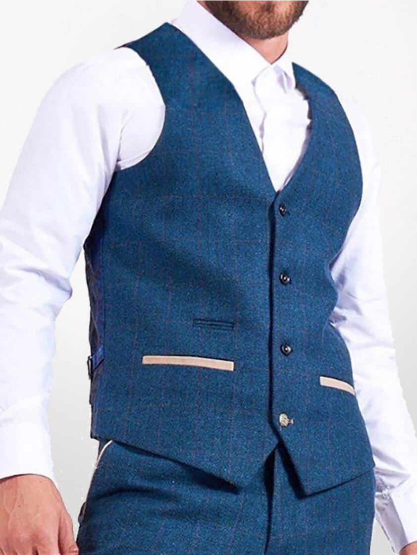 Blue Dion Tweed Check Single Breasted Waistcoat