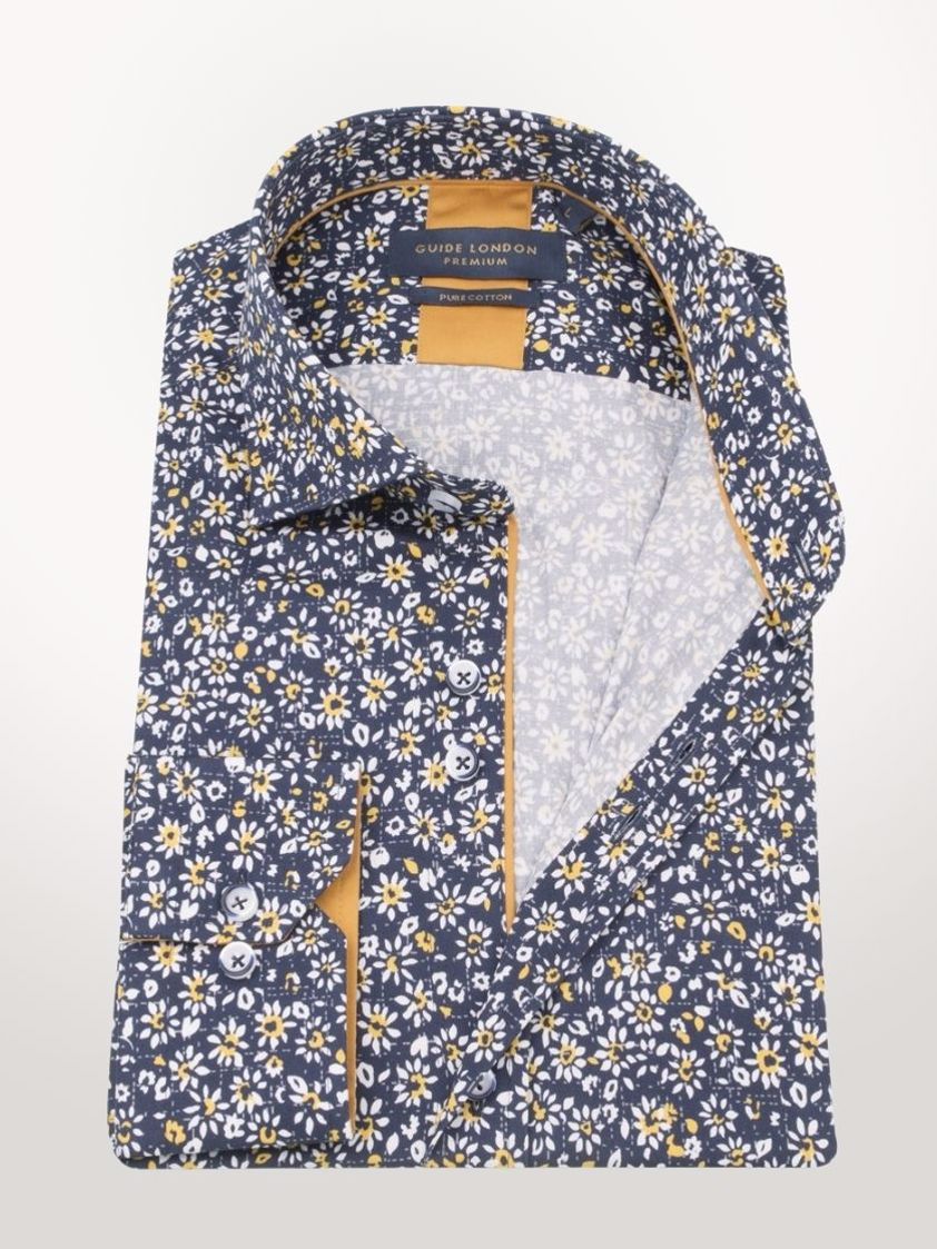 Navy Flower Print Slim Fit Shirt - SAVE OVER 50%