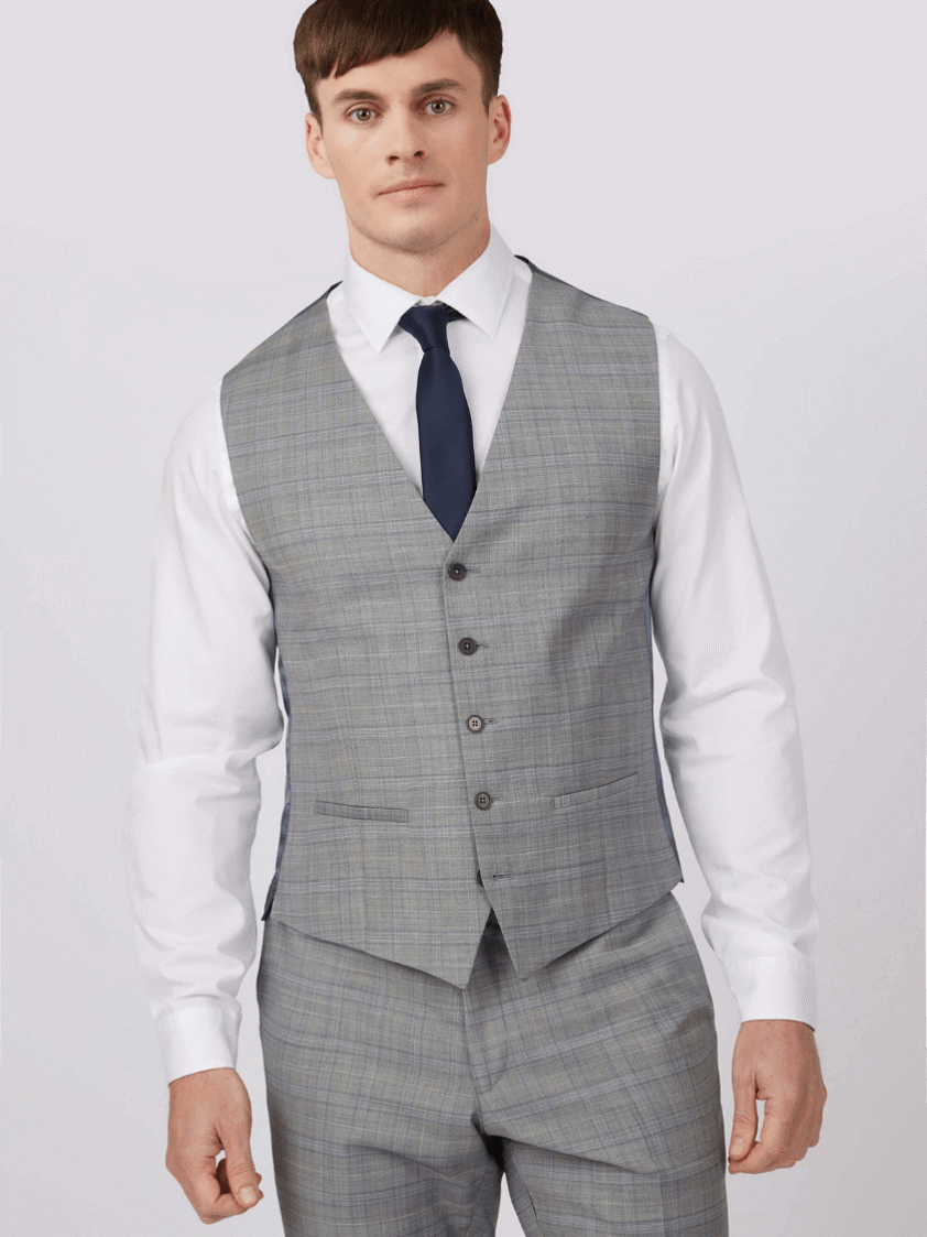 Grey Slim Fit Check Waistcoat