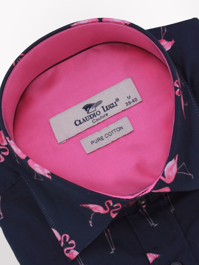 Navy Flamingos Print Long Sleeve Shirt - SAVE OVER 50%