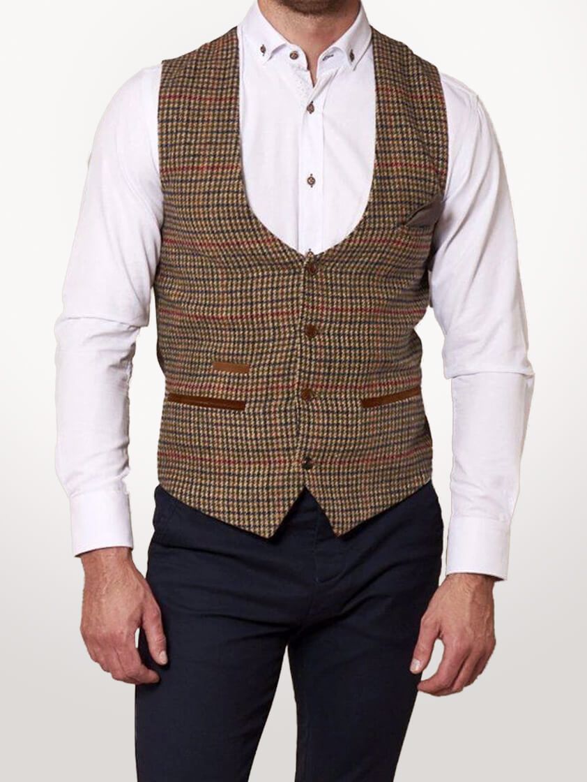 Tan Edward Tweed Style Check Waistcoat - Save 40%