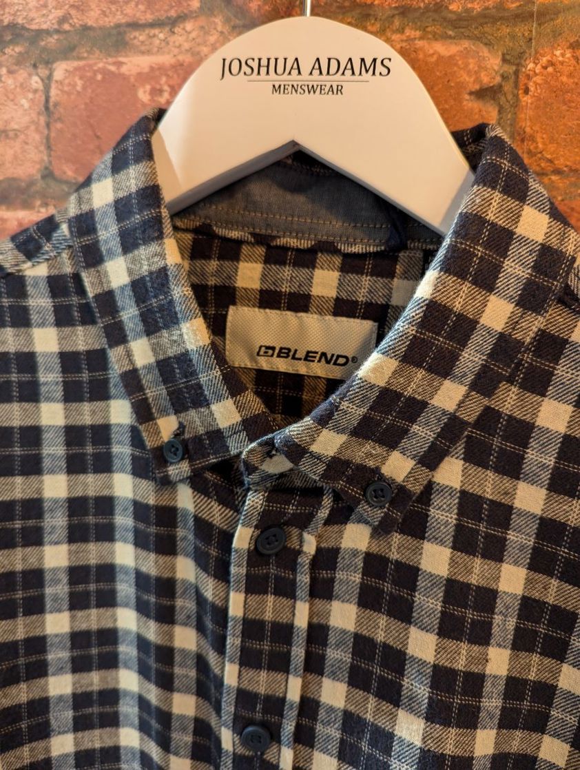 Navy/Beige Checked Brushed Cotton Shirt Reg Fit