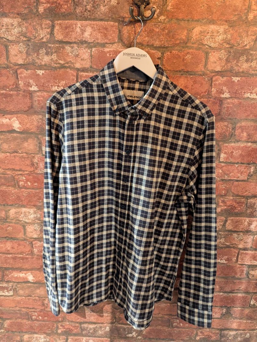 Navy/Beige Checked Brushed Cotton Shirt Reg Fit