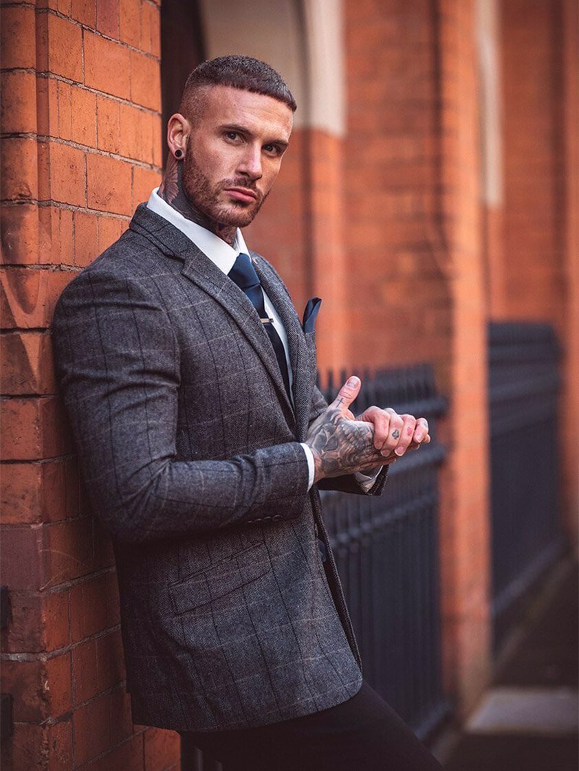 grey tweed blazer and waistcoat