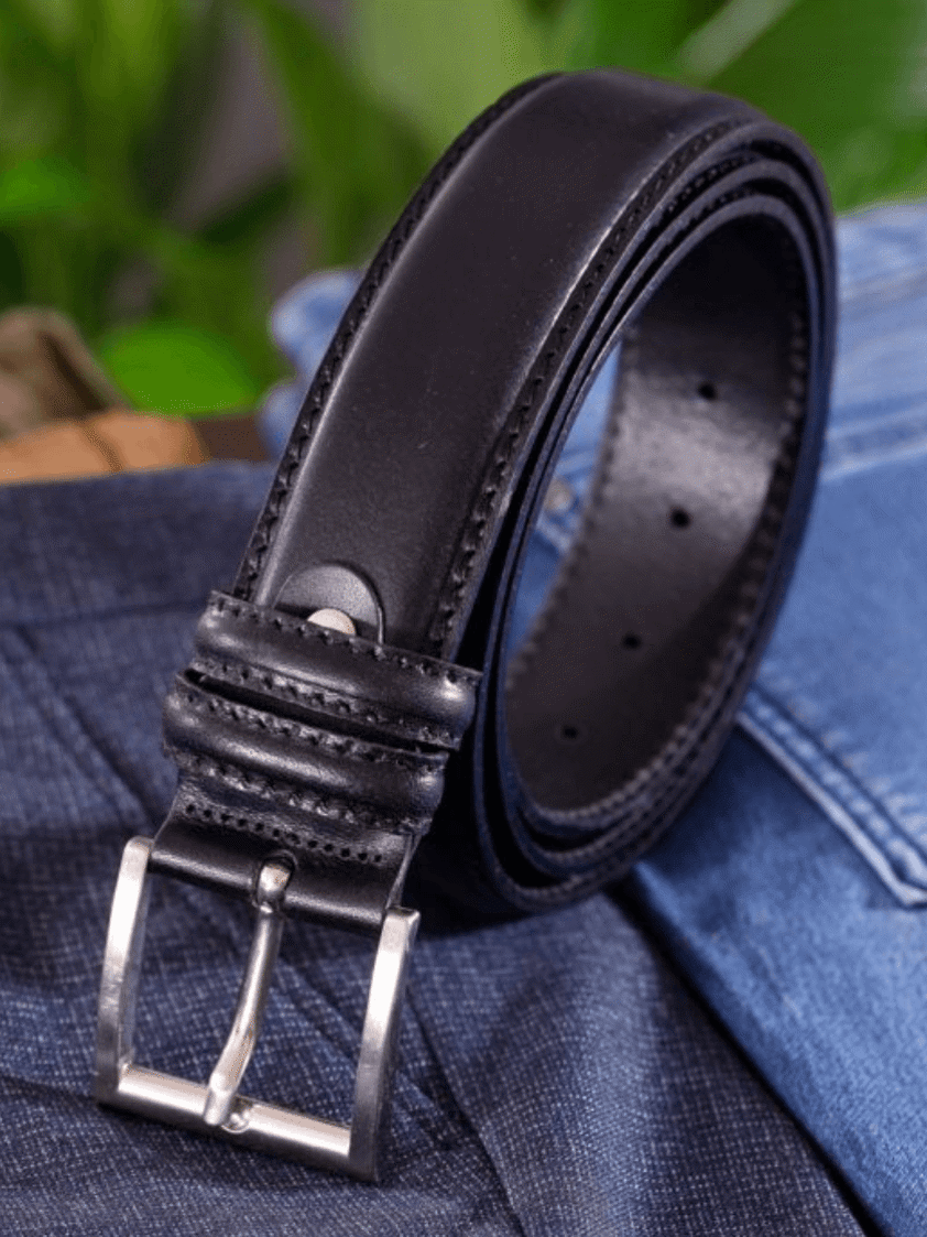 Black 40mm Stitched Edge Full Grain Leather Belt