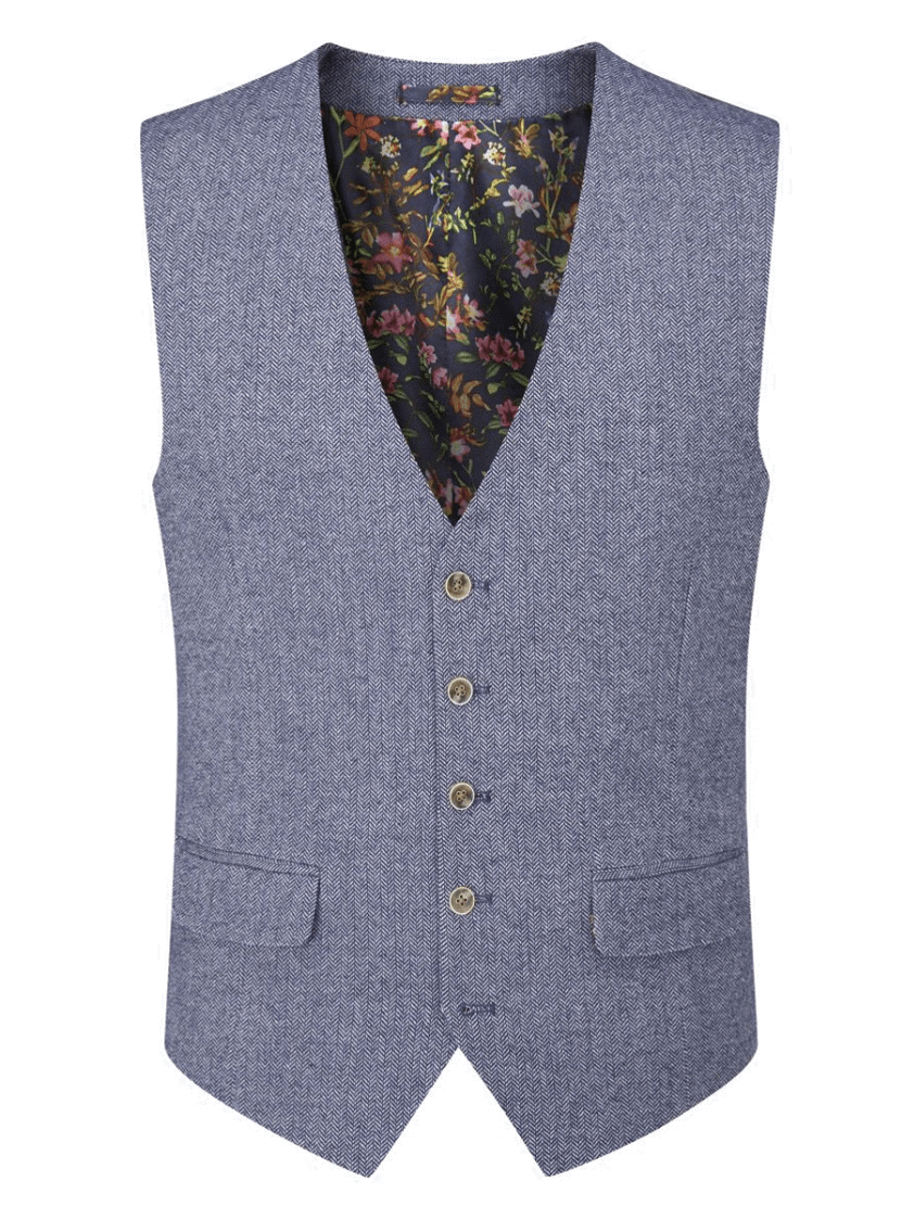 Blue Jude Tweed Herringbone Waistcoat | Joshua Adams Menswear