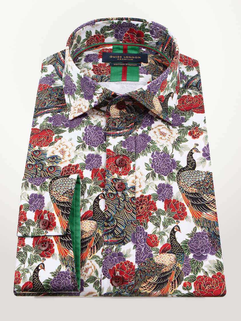 Red Peacock and Floral Patterned Slim Fit Shirt
