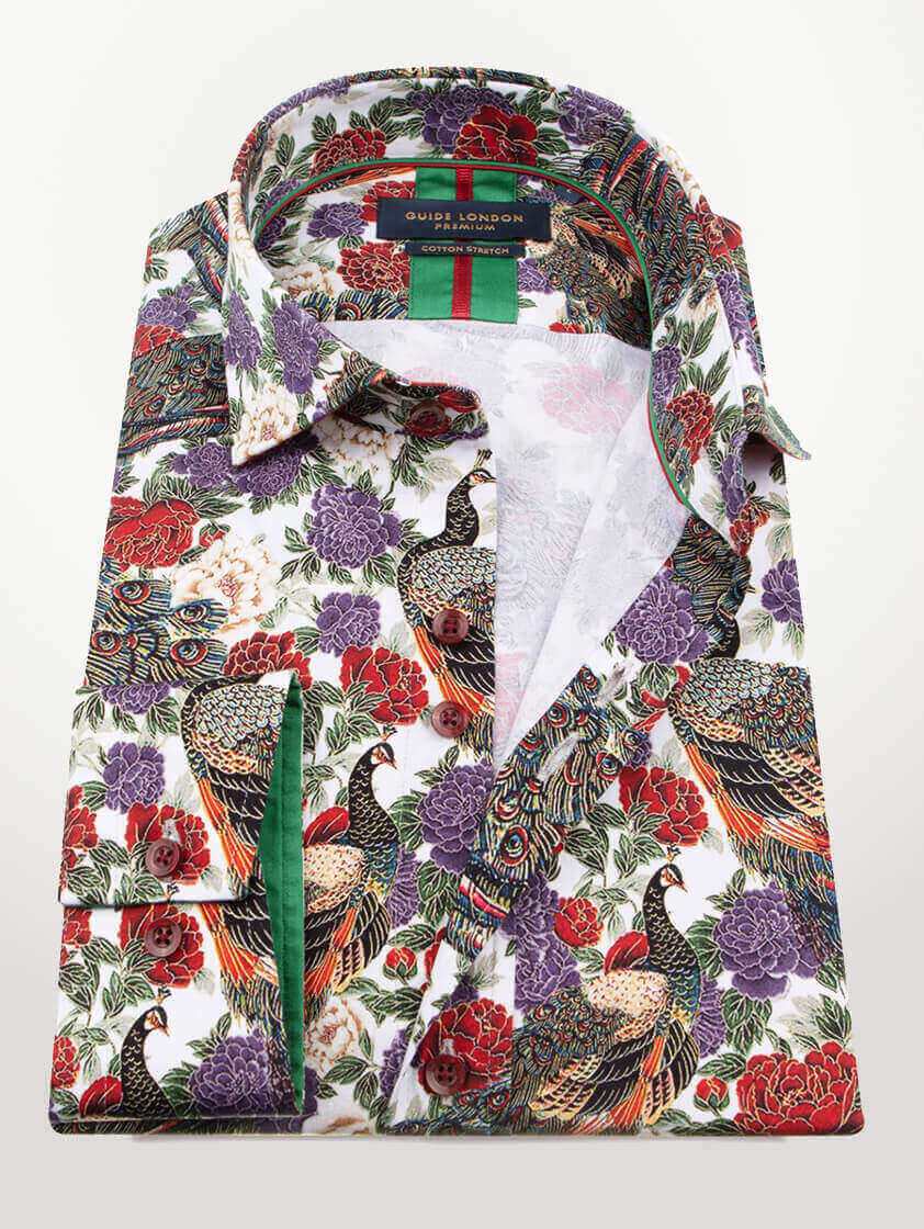 Red Peacock and Floral Patterned Slim Fit Shirt