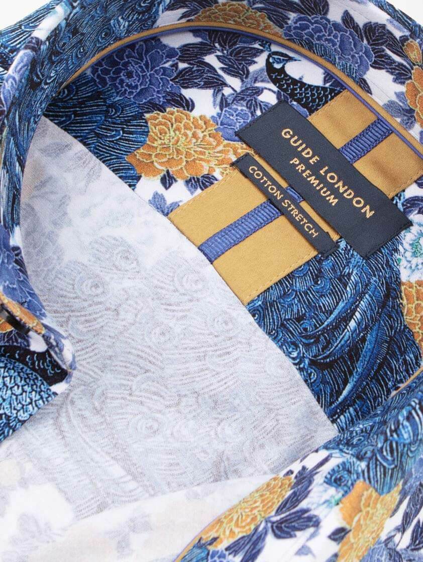 Navy Peacock and Floral Patterned Slim Fit Shirt