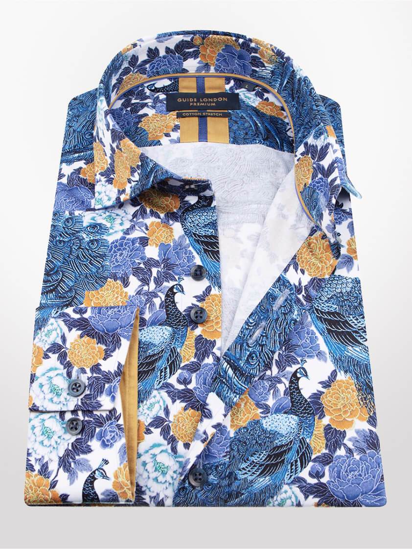 Navy Peacock and Floral Patterned Slim Fit Shirt
