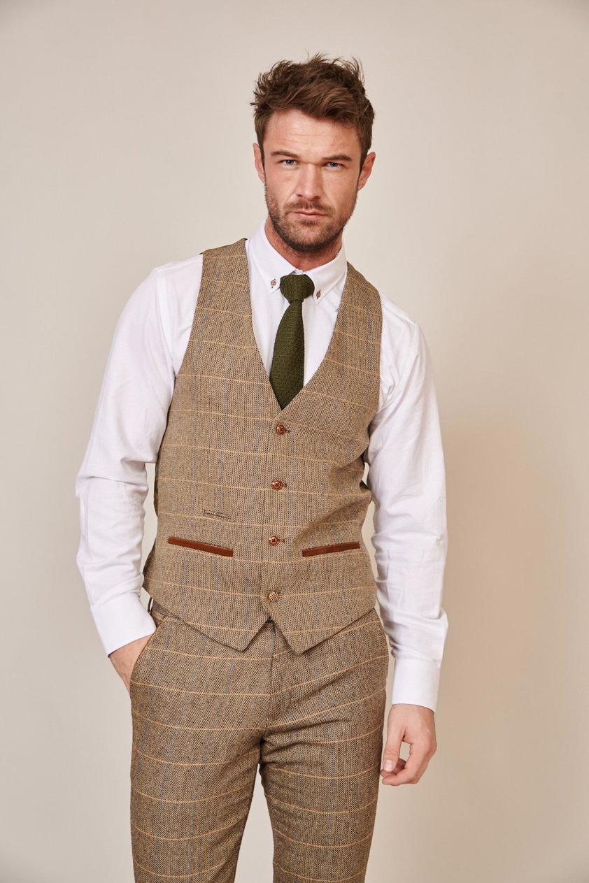 Tan Ted Single Breasted Tweed Check Waistcoat