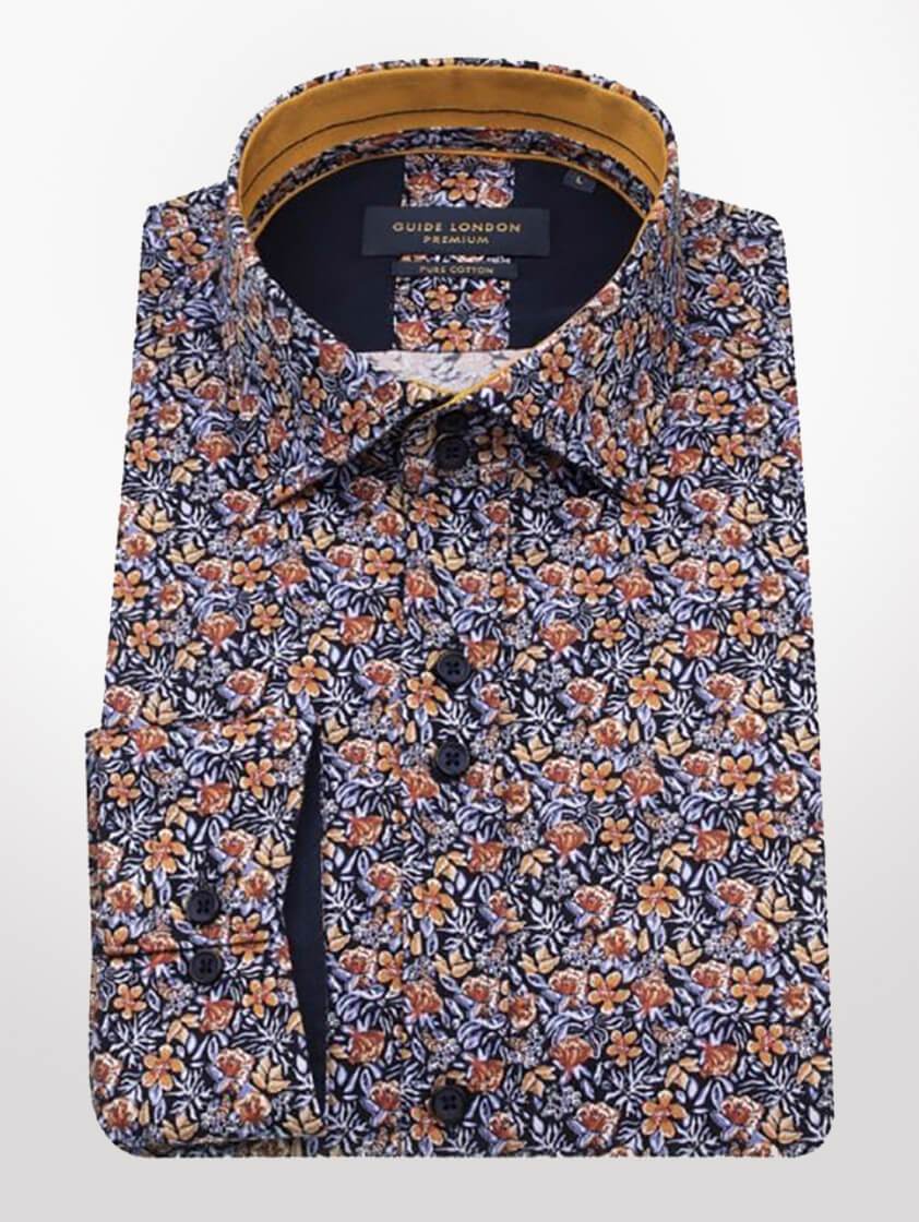 Navy Orange Floral Print Slim Fit Shirt