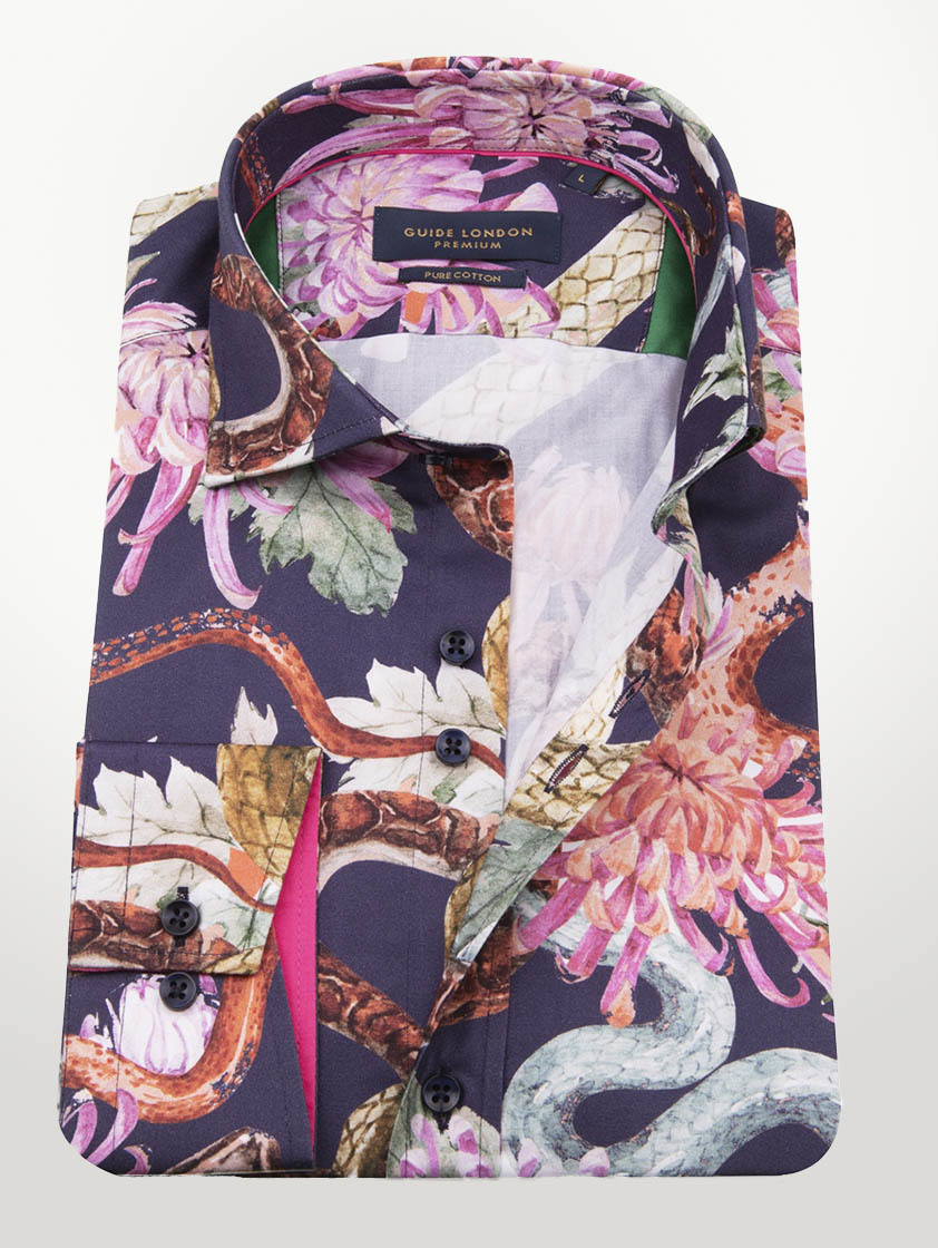 Navy Floral Print Slim Fit Shirt