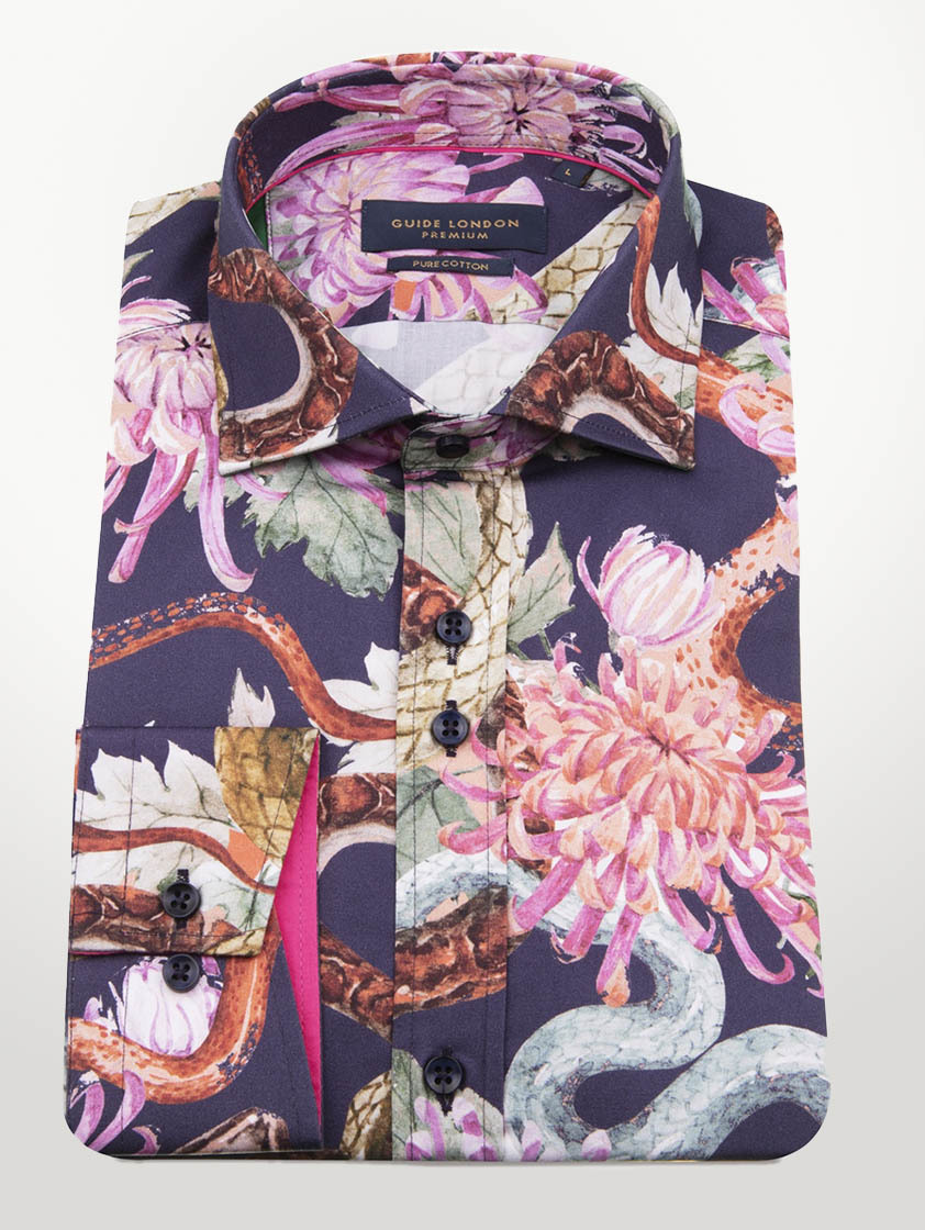 Navy Floral Print Slim Fit Shirt
