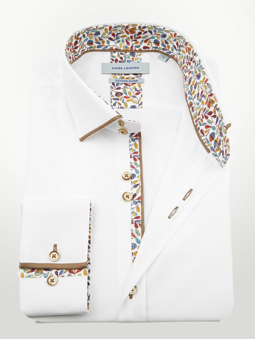 White and Tan Detailed Slim Fit Shirt