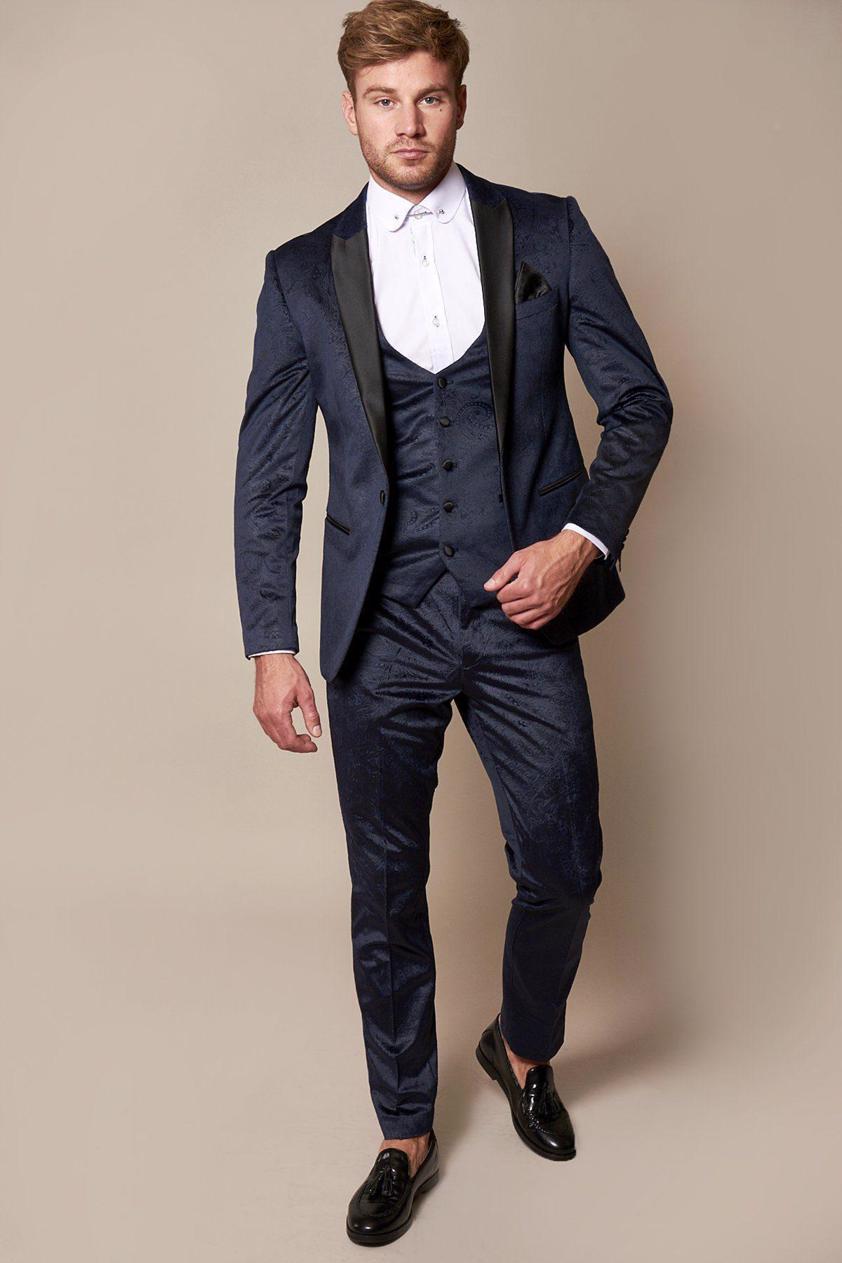 Navy Simon Velvet Jacquard Three Piece Suit