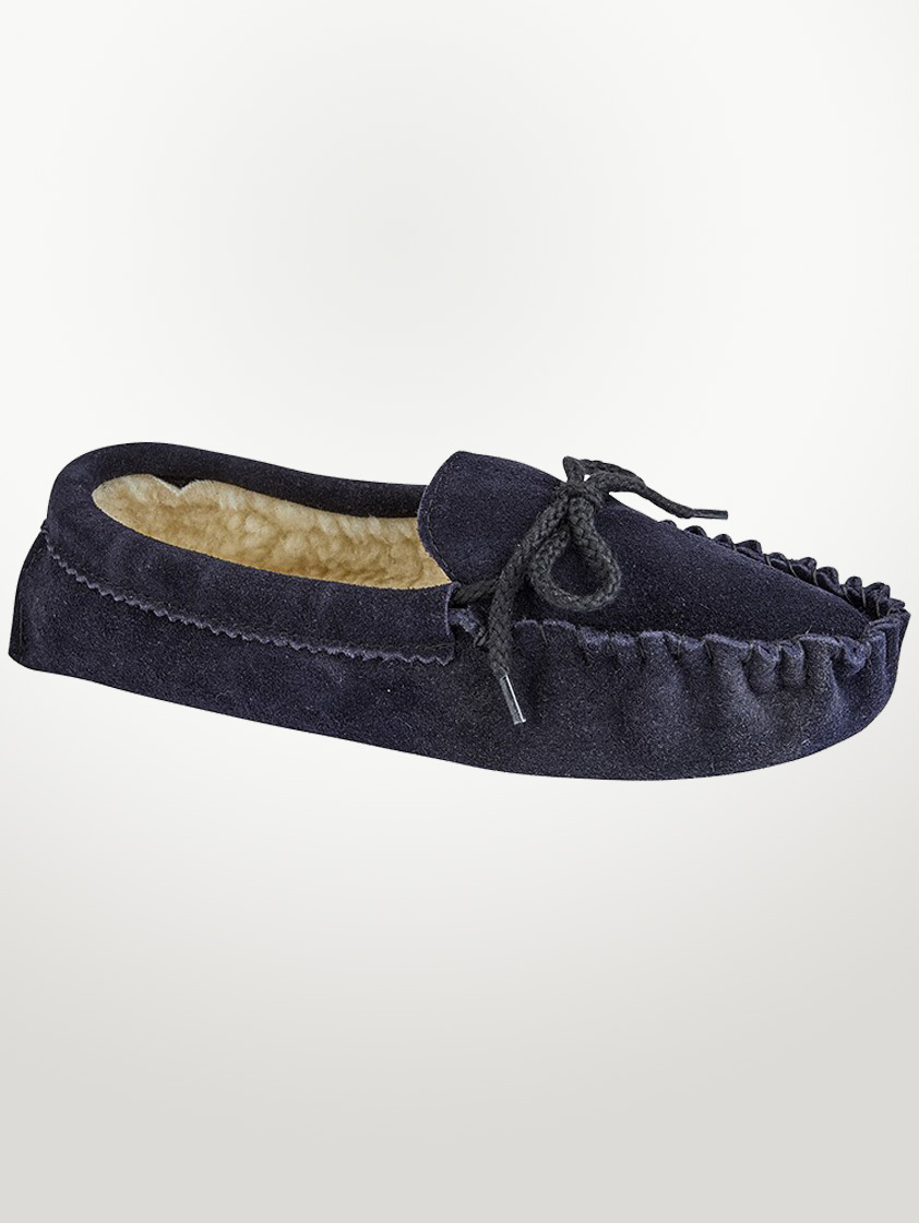 Navy Suede Moccasin Slippers