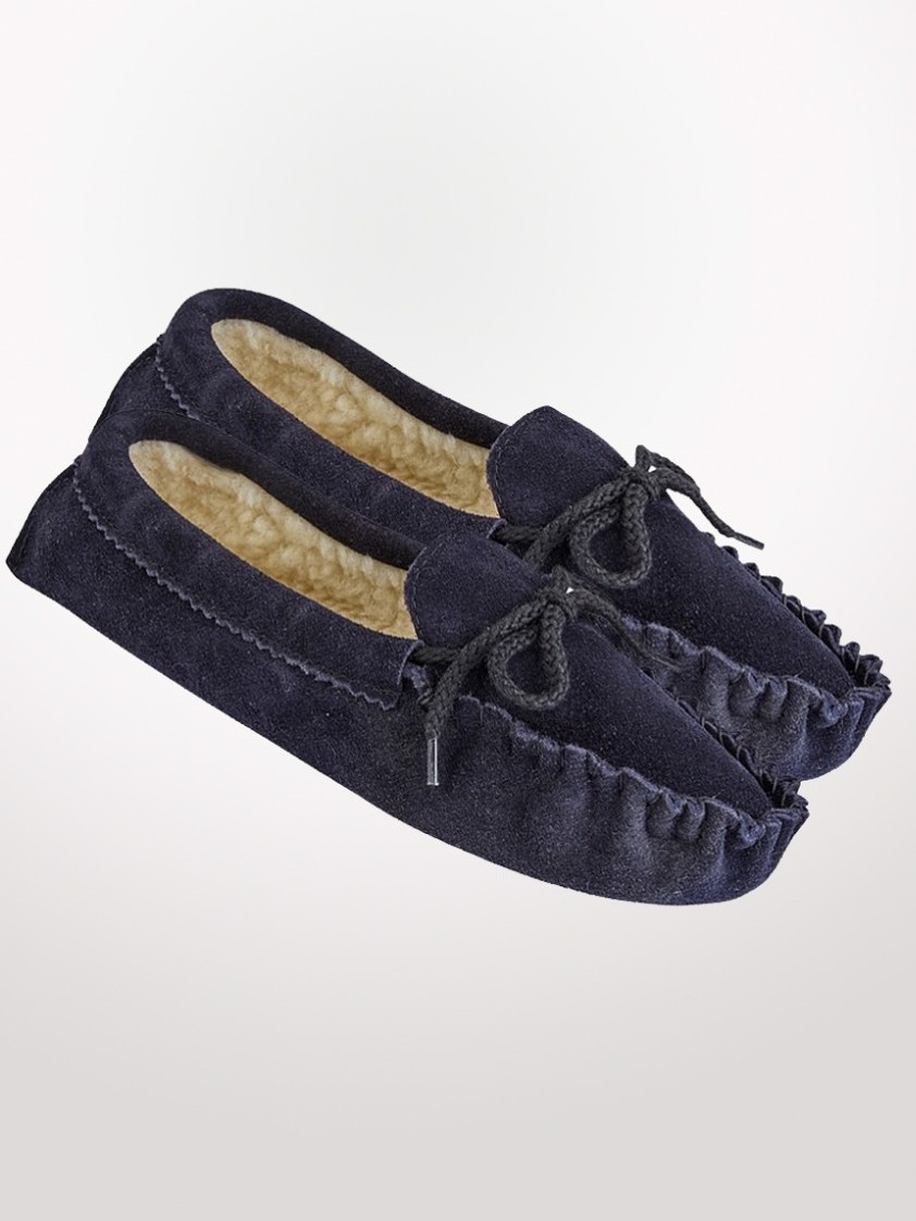 Navy Suede Moccasin Slippers