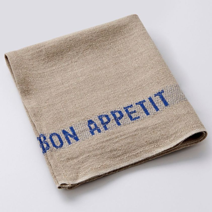 Blue Natural Linen Napkins With 'Bon Appetit'