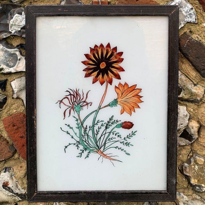 Reverse Painting on Glass of Orange Flowers