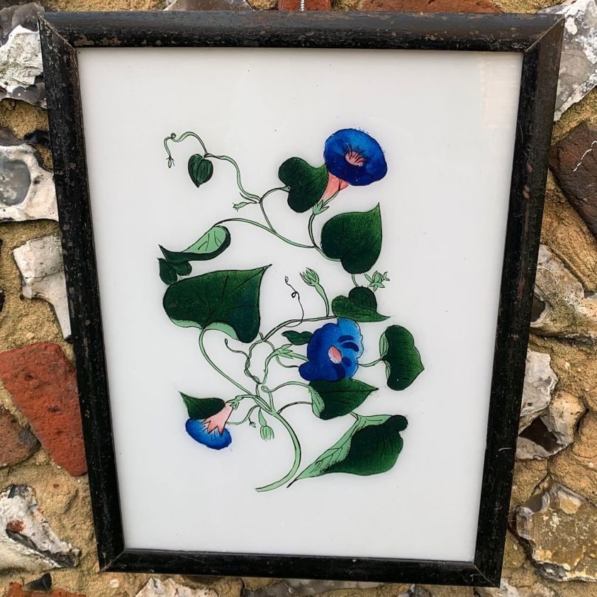 Reverse Painting on Glass of Blue Flowers