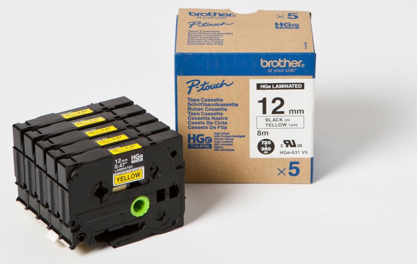 Brother HGE-631V5 DirectLabel black on yellow Laminat 12mm x 8m Pack=5 for P-Touch RL 700 S/ 9500 PC/ 9700 PC/ 9800 PCN