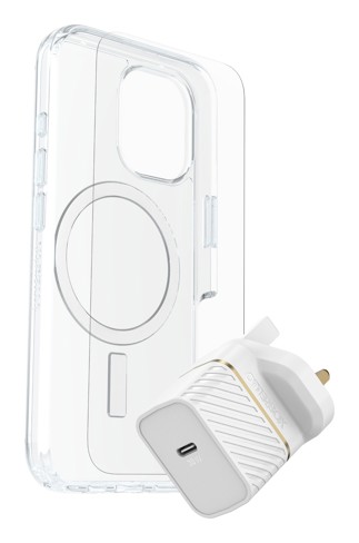 OtterBox Symmetry Series Clear for MagSafe + Premium Glass + Fast Charge Wall Charger USB-C 30W Type G for Apple iPhone 16