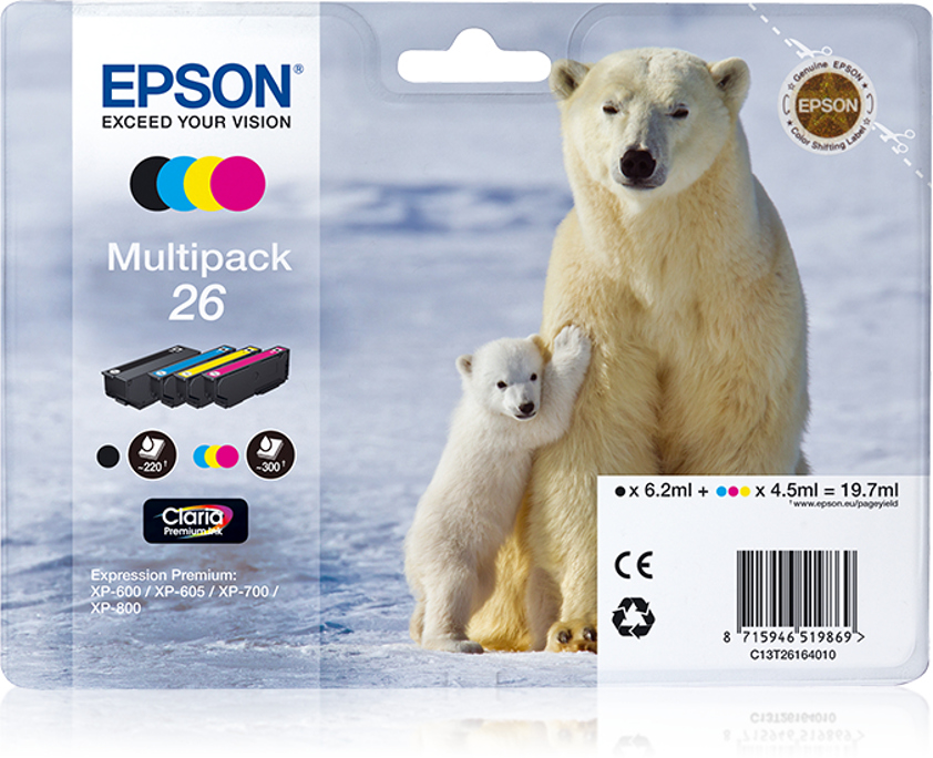 Epson C13T26164010/26 Ink cartridge multi pack Bk,C,M,Y 220pg + 3x300pg, 6ml + 3x5ml Pack=4 for Epson XP 600