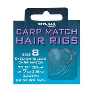Drennan Carp Match Hair Rigs - Eyed Barbless Size 8 to 7lb